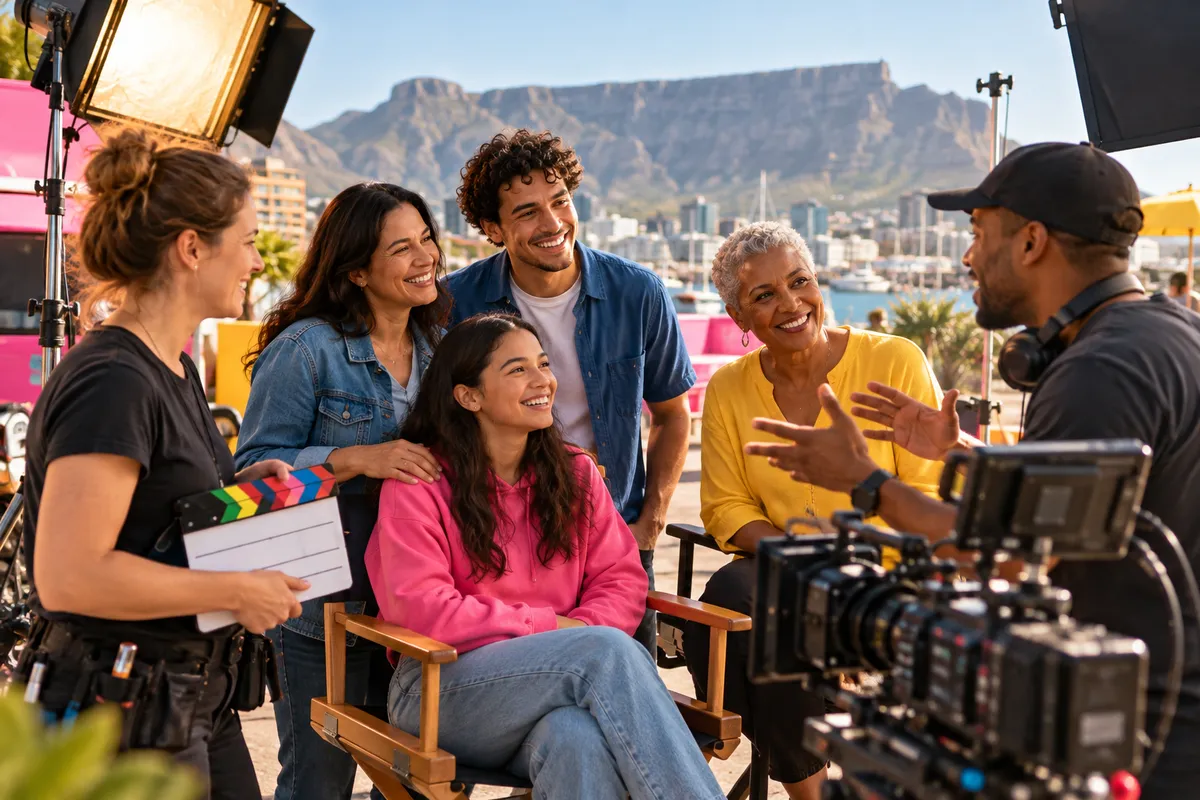 Aspiring performers of different ages on a Cape Town film set with camera crew
