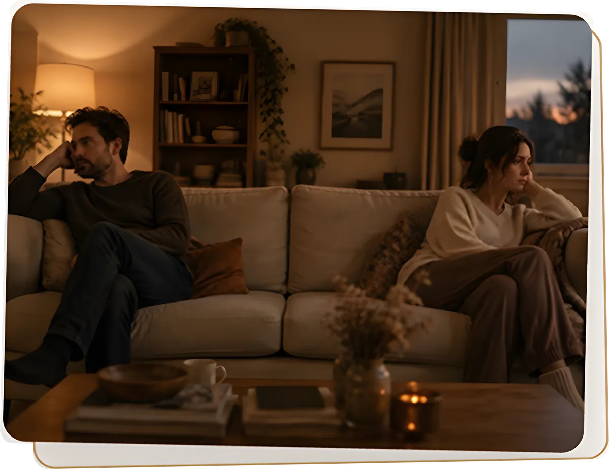 Couple sitting apart on a sofa in a dimly lit living room, looking tired and disconnected