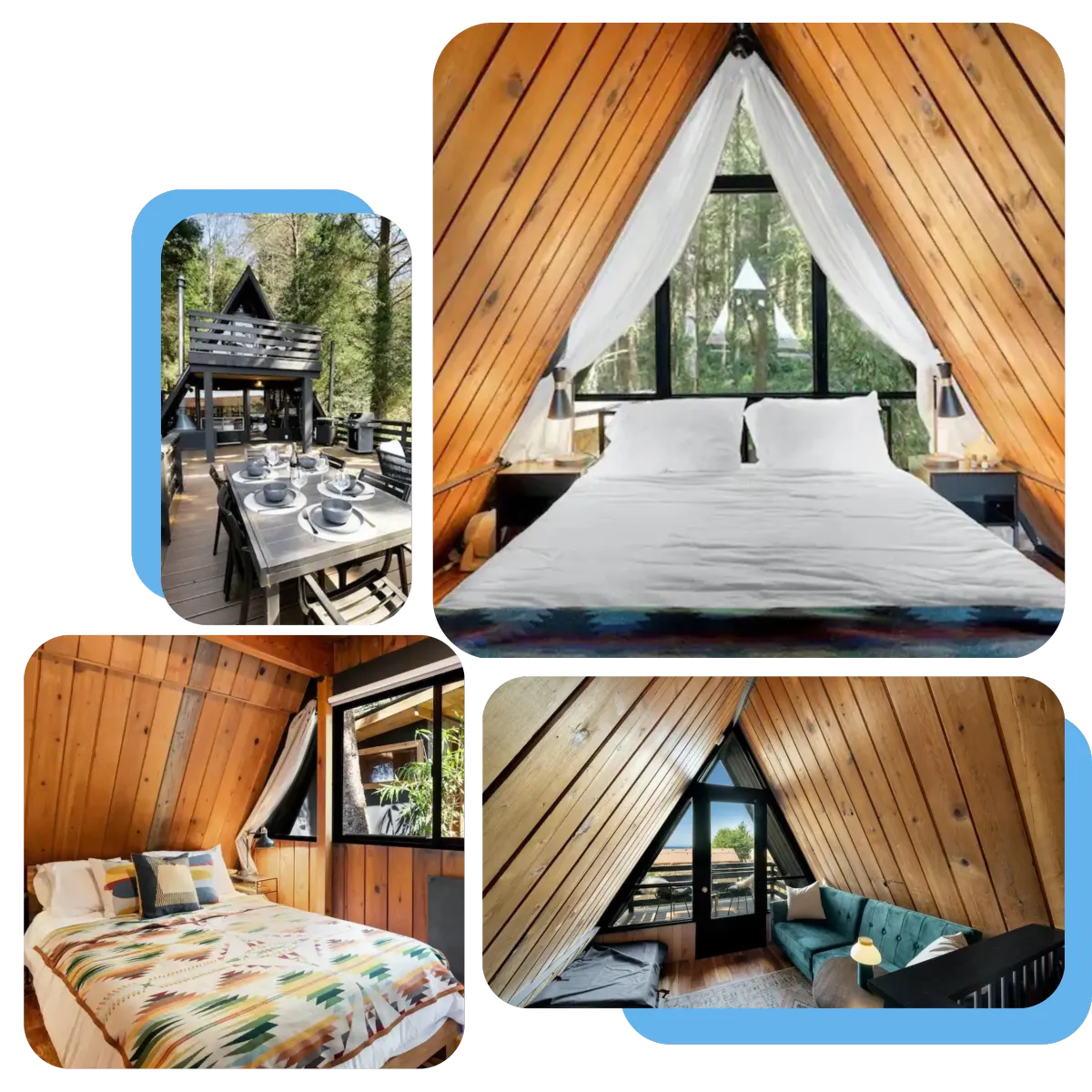  Step into Falcon Cove Retreat intimate cabin, a remodeled 1969 Midcentury Modern A-frame, providing a cozy retreat with rustic charm. Despite its modest size, the cabin is adorned with luxurious linens and modern amenities.