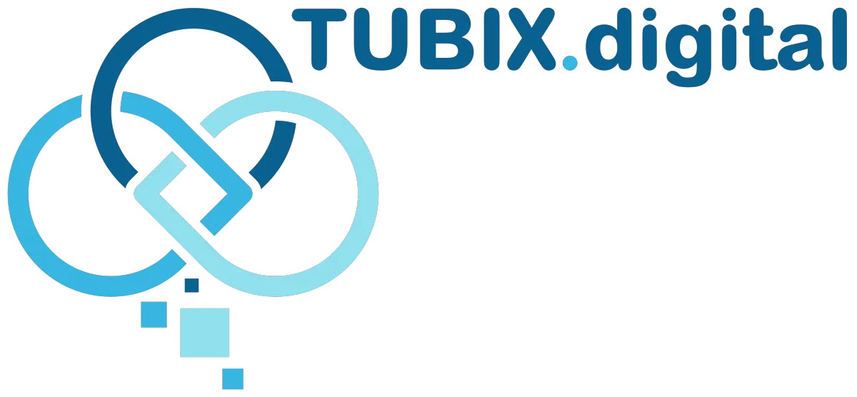 TUBIX.digital Logo – ineinander verschlungene blaue Kreise und Quadrate, symbolisierend digitale Vernetzung und IT-Lösungen