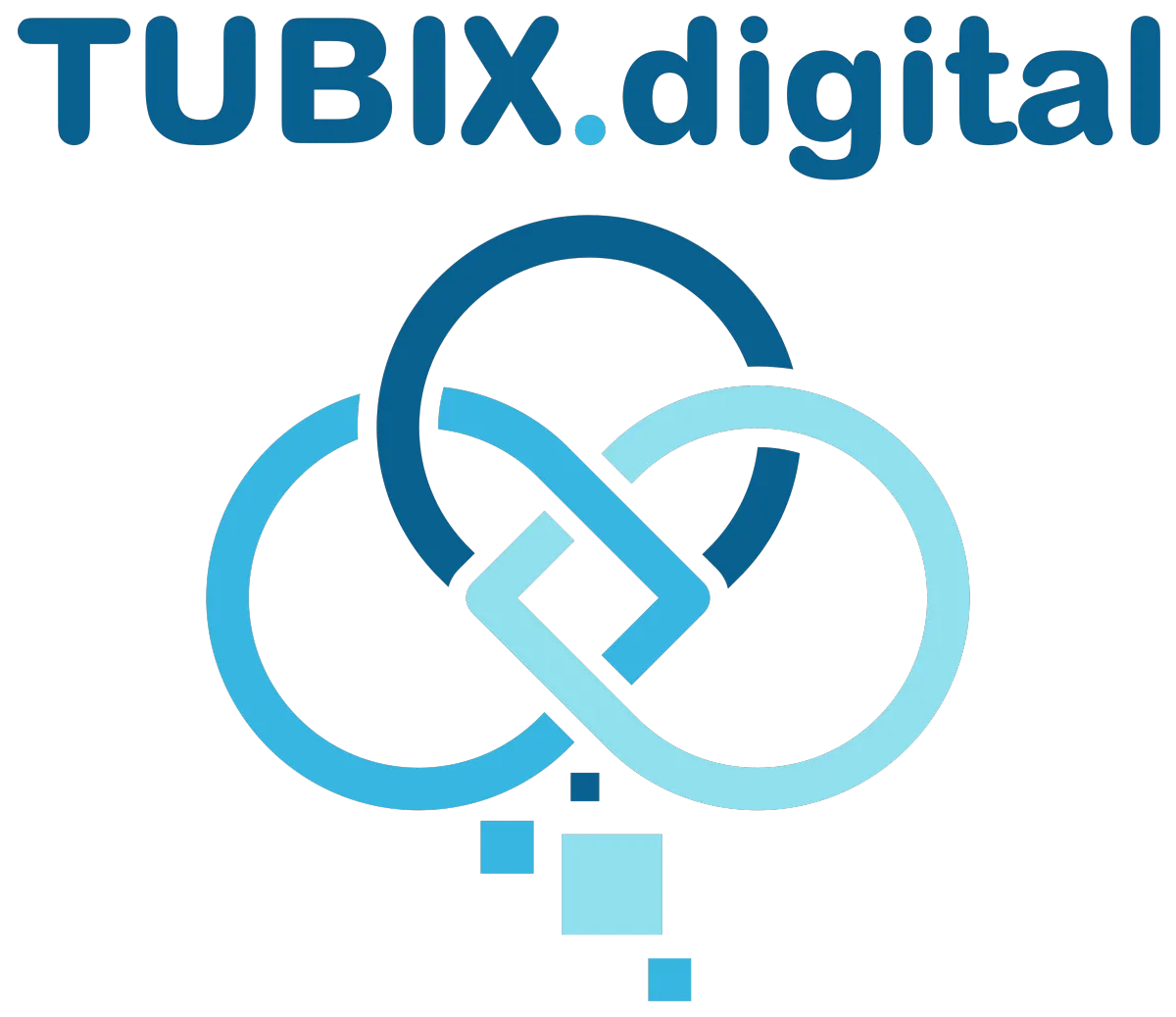 TUBIX.digital Logo – drei ineinander verschlungene Kreise und quadratische Elemente, die Vernetzung und digitale Lösungen symbolisieren.