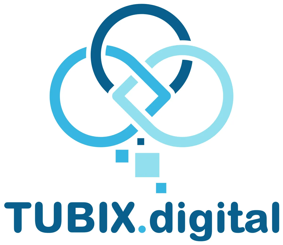 TUBIX.digital Logo – drei ineinander verschlungene Kreise und quadratische Elemente, die Vernetzung und digitale Lösungen symbolisieren.