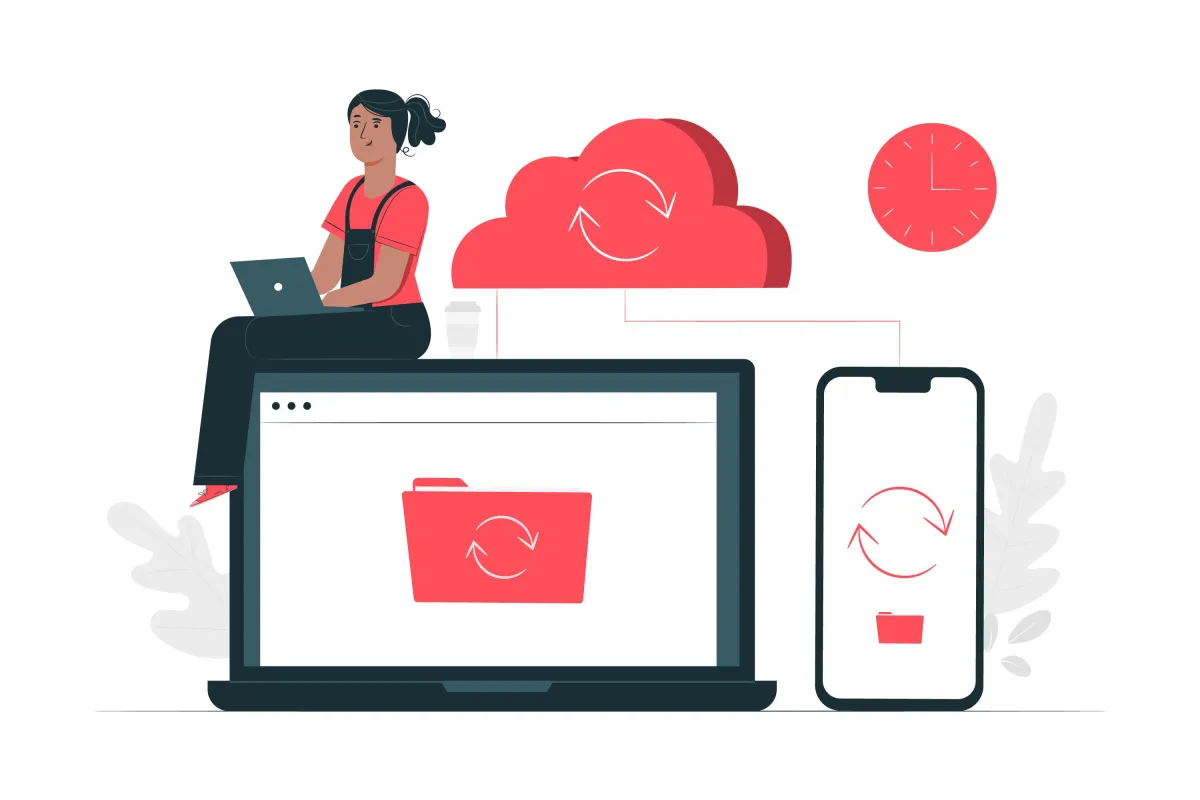 Illustration einer Person mit Laptop, daneben Symbole für Cloud-Speicherung und Synchronisation auf verschiedenen Geräten, symbolisierend Cloud-Datensicherung und plattformübergreifende Synchronisation.