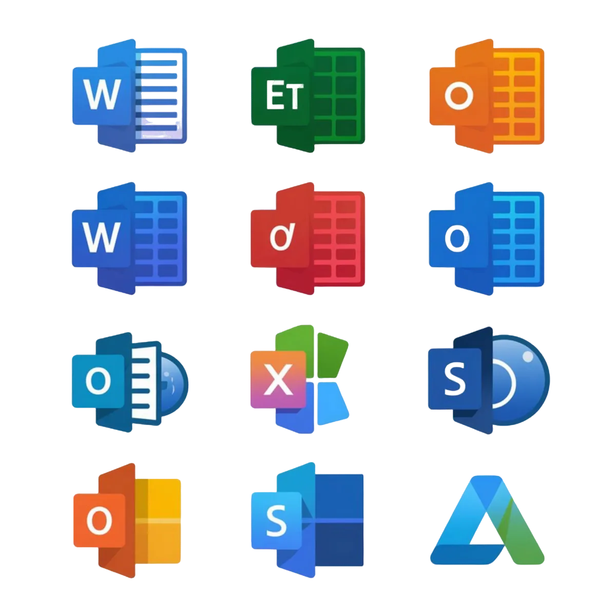 Symbole verschiedener Microsoft Office-Anwendungen, darunter Word, Excel, Outlook, PowerPoint und weitere Microsoft 365-Dienste.