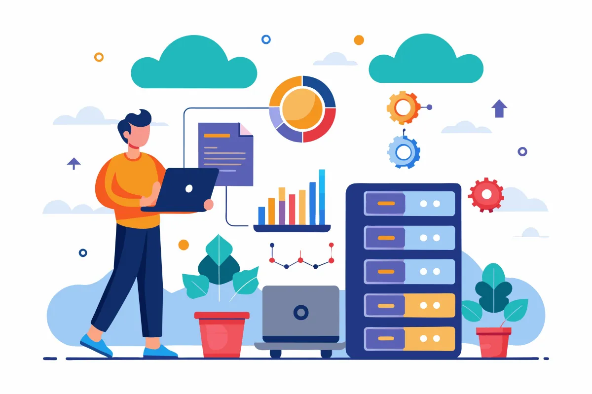 Illustration einer Person mit Laptop, umgeben von Servern, Diagrammen und Cloud-Symbolen, symbolisierend Datenanalyse, Cloud-Computing und IT-Infrastruktur.