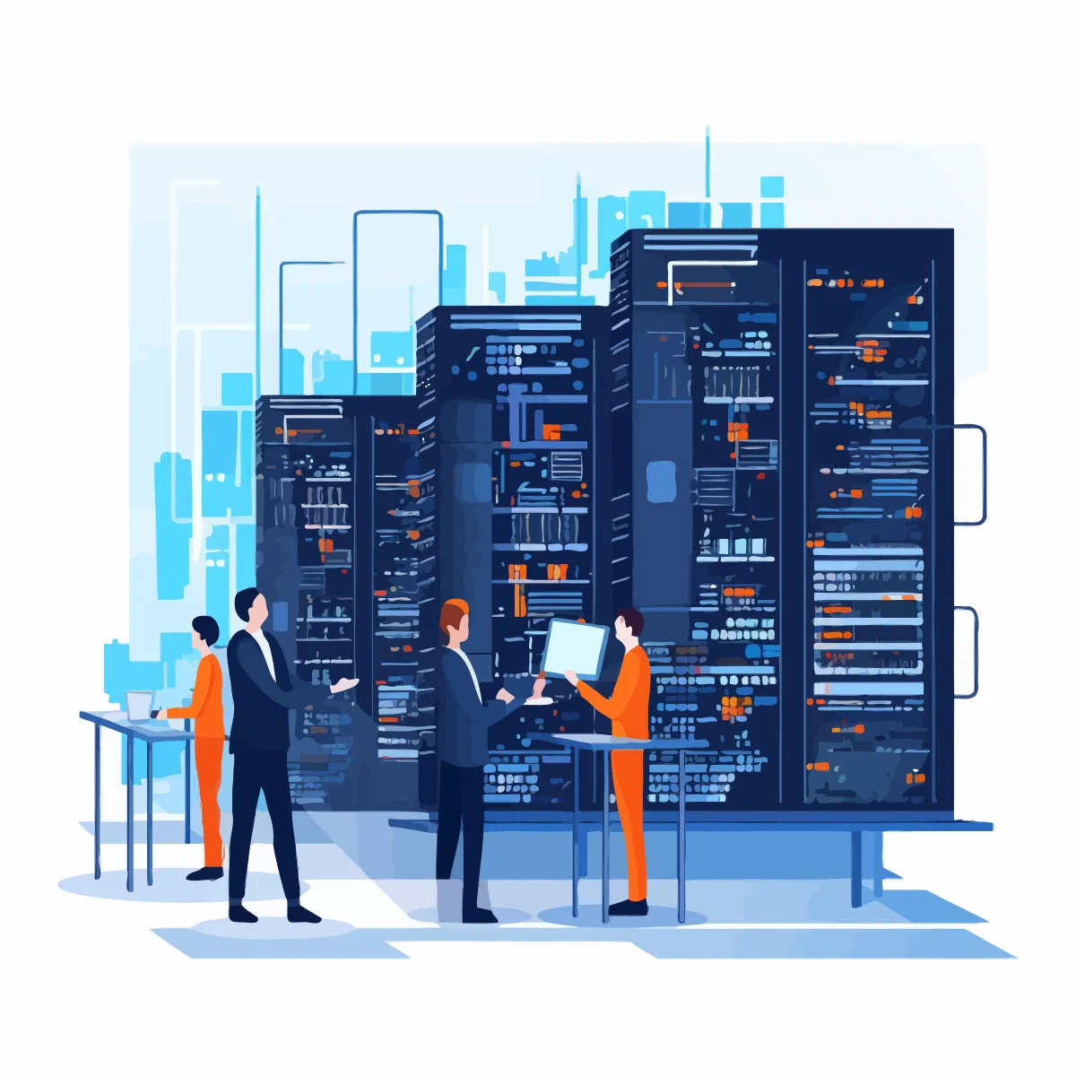 Illustration eines Teams in einem Serverraum, das an großen Server-Racks arbeitet, symbolisierend Datenmanagement, IT-Infrastruktur und Netzwerkadministration.