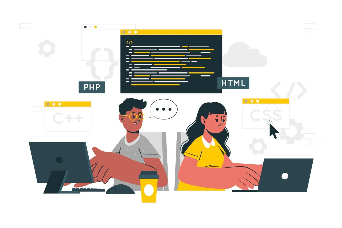 Illustration von zwei Programmierern, die gemeinsam an Computern arbeiten, umgeben von Code-Elementen wie HTML, CSS, PHP und C++, symbolisierend Teamarbeit in der Webentwicklung.