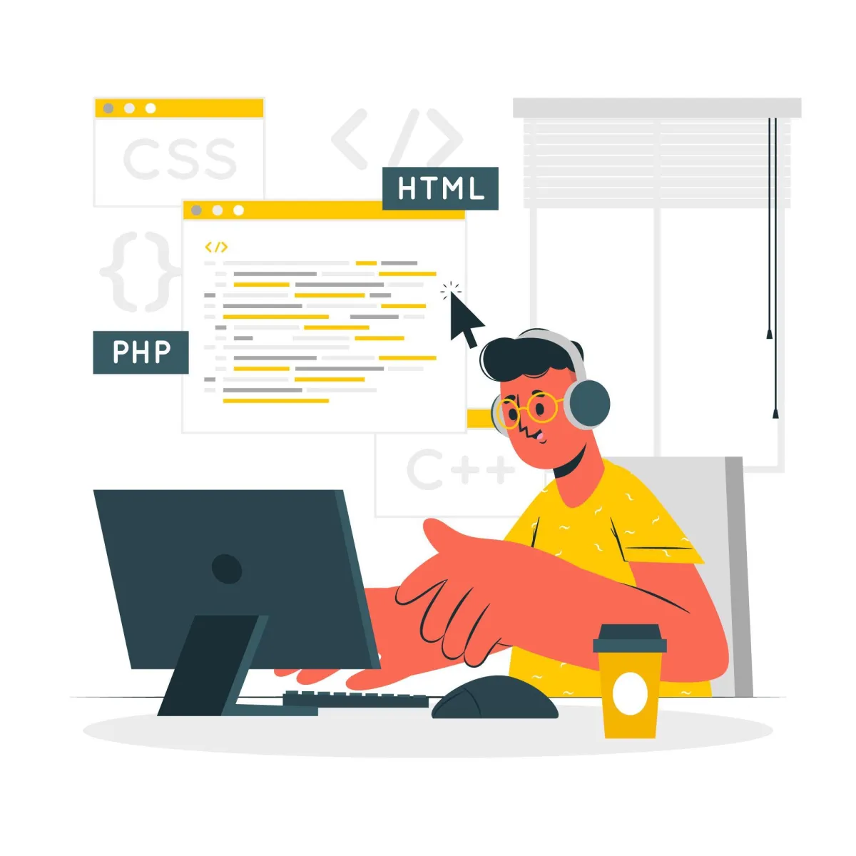 Illustration eines Programmierers am Computer, umgeben von Code-Elementen wie HTML, CSS, PHP und C++, symbolisierend Webentwicklung und Programmierung.