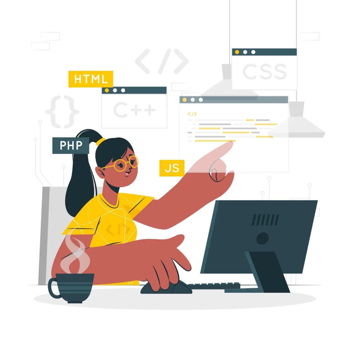 Illustration einer Programmiererin am Computer, umgeben von Code-Elementen wie HTML, CSS, PHP und JavaScript, symbolisierend Webentwicklung und Programmierarbeit.