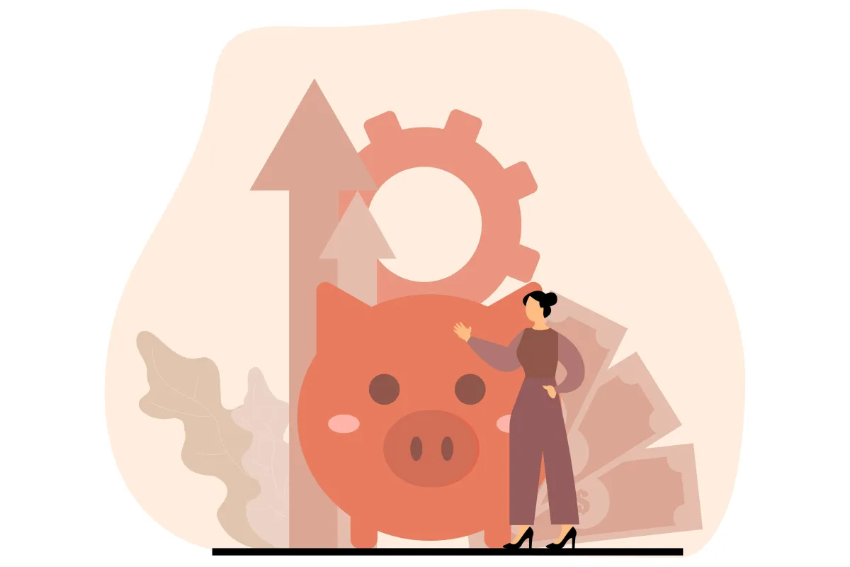 Illustration einer Frau neben einem großen Sparschwein, mit Zahnrädern, Geldscheinen und Aufwärtspfeilen im Hintergrund. Symbolisiert Wachstum und finanzielle Stabilität.