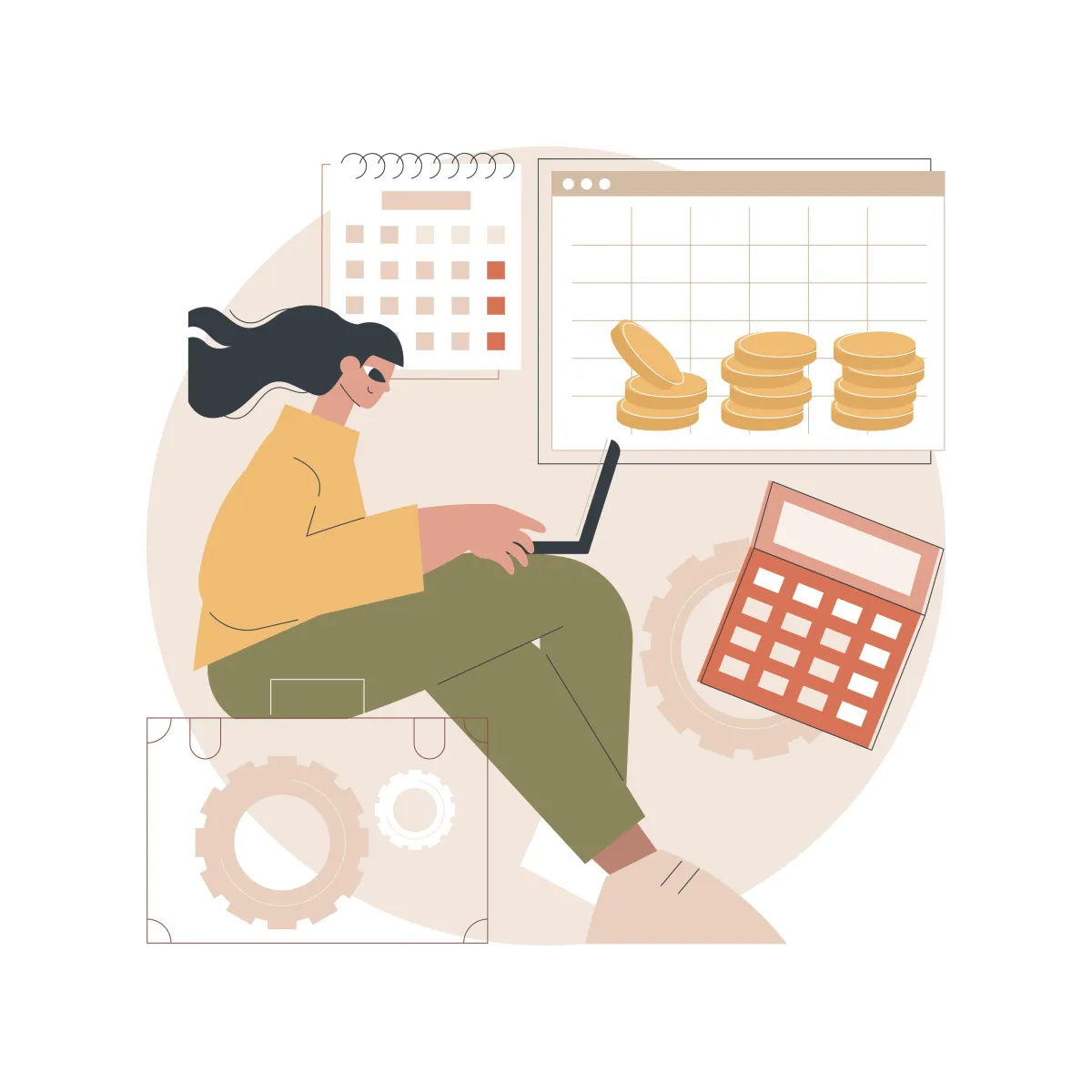 Illustration einer Frau mit Laptop, umgeben von Kalender, Münzen, Taschenrechner und Zahnrädern. Symbolisiert Finanzplanung und Organisation.