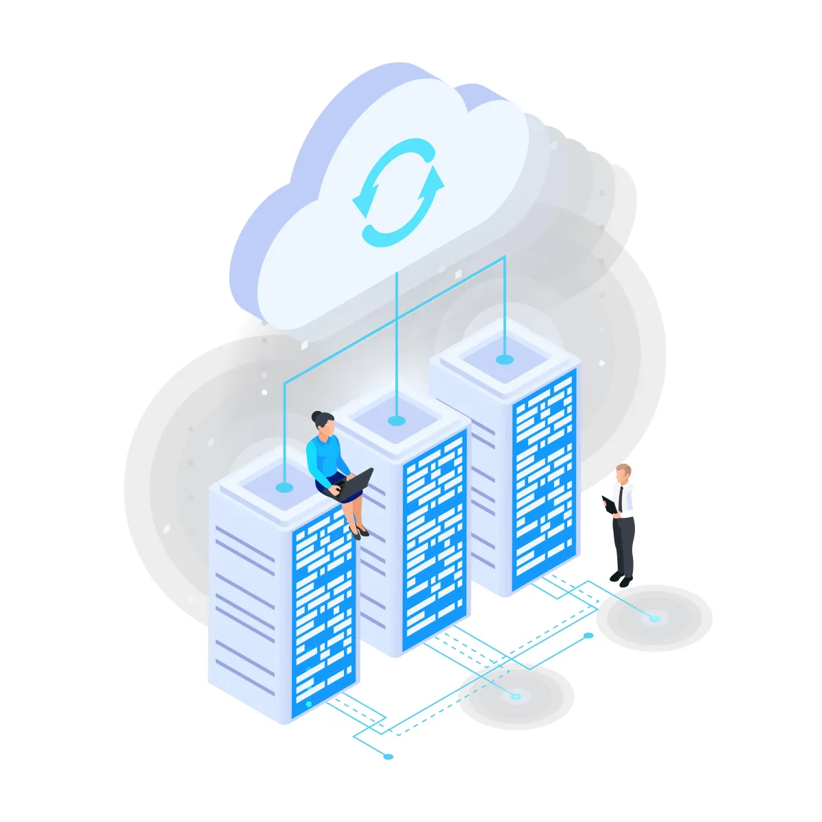 Isometrische Darstellung eines Cloud-Synchronisationskonzepts mit einem großen Cloud-Symbol, das mit drei Servern verbunden ist. Eine Frau arbeitet auf einem der Server mit einem Laptop, während ein Mann daneben steht und ein Tablet hält, symbolisierend die Cloud-Datenverwaltung und Synchronisation.