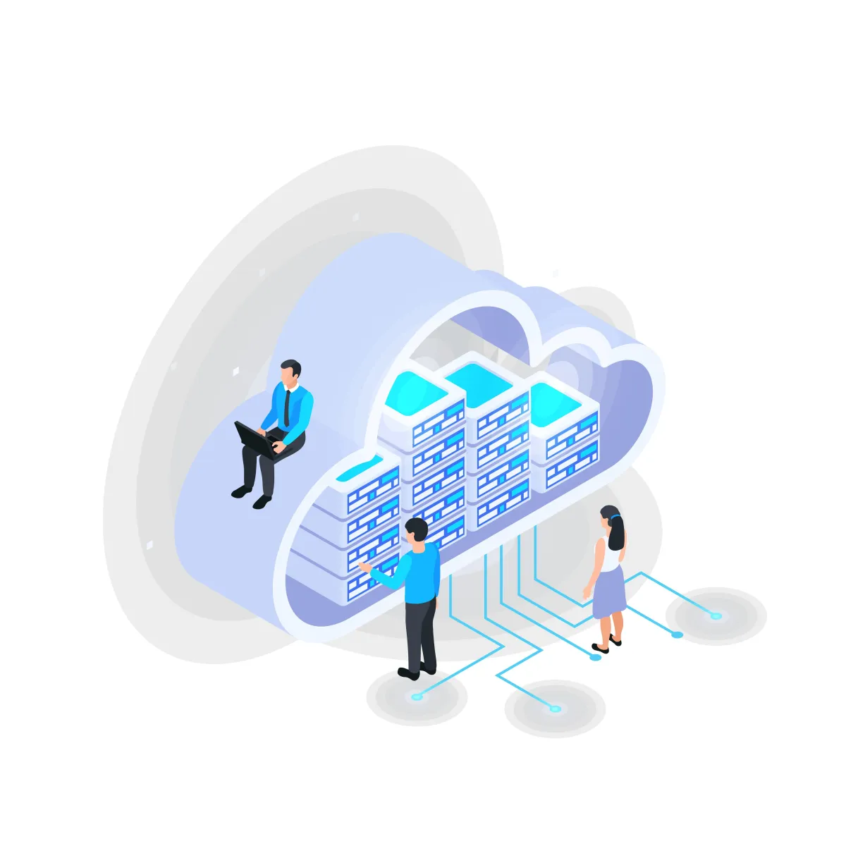 Isometrische Illustration einer Cloud-Computing-Lösung mit Servern, auf denen Menschen arbeiten, die sich auf einer großen Cloud-Struktur befinden, symbolisierend Cloud-Datenspeicherung und -management.