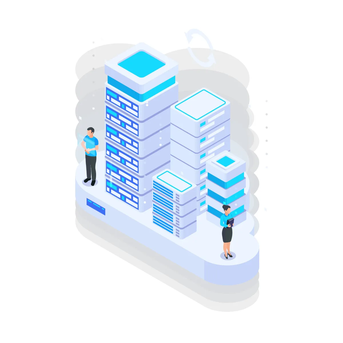 Isometrische Illustration von Menschen, die um hohe Server-Racks herumstehen, symbolisierend eine moderne Dateninfrastruktur oder Serverfarm.