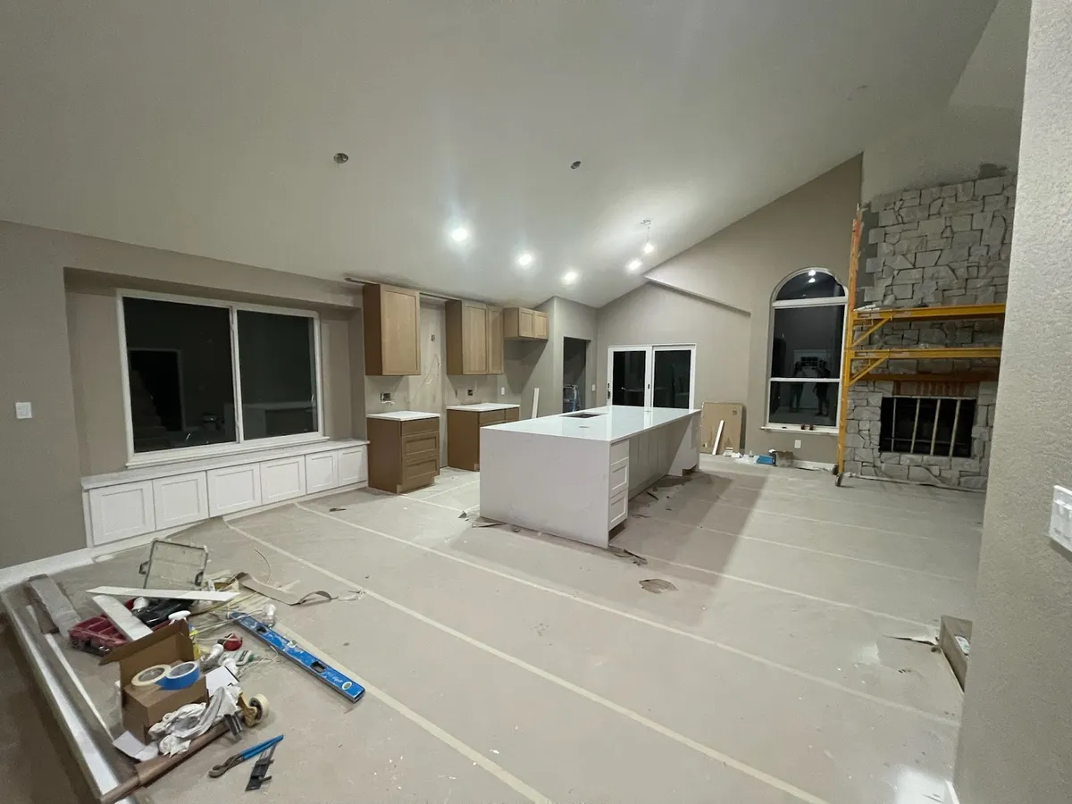 kitchen island ideas in progress with island cabinets installed before countertops