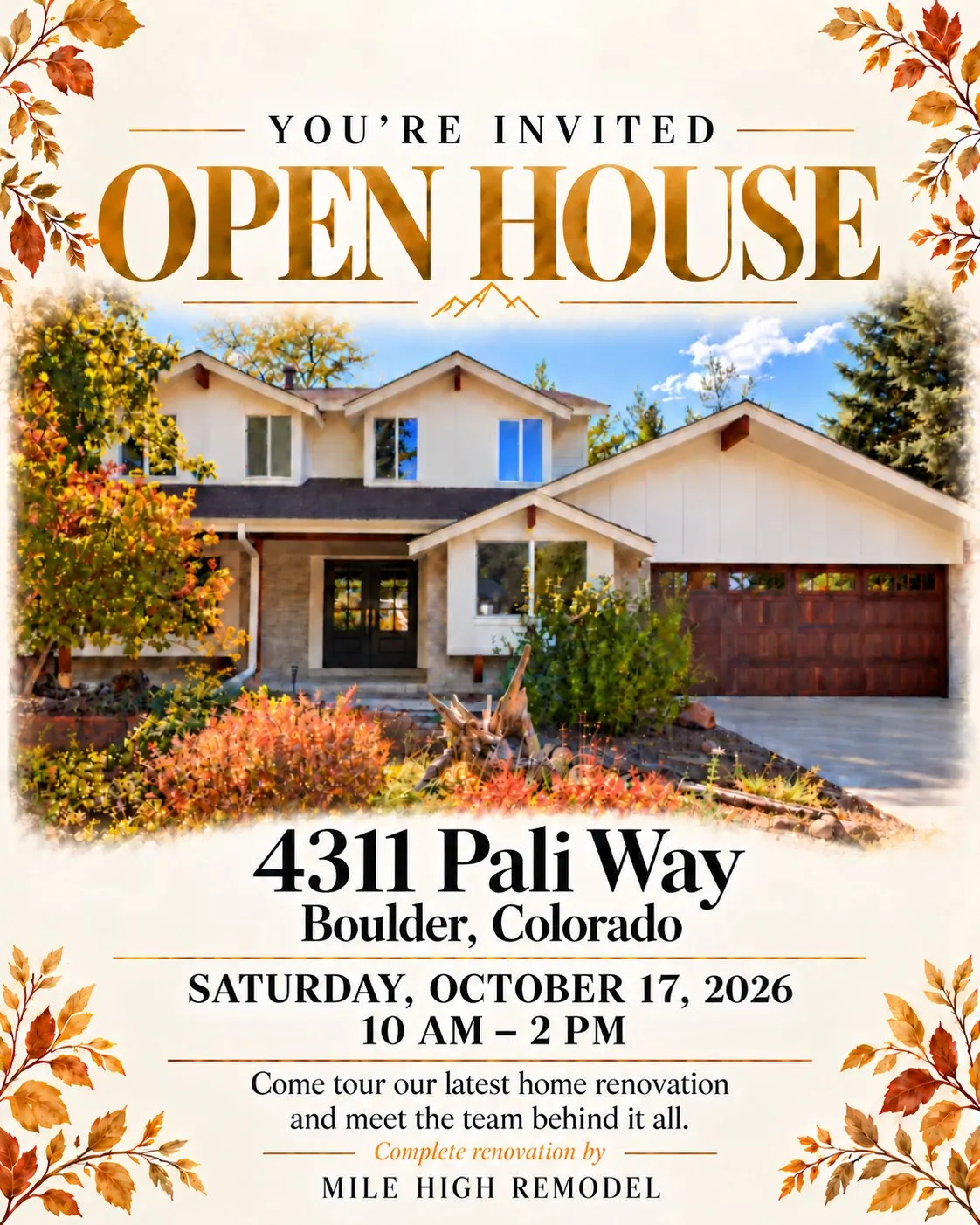Pali Way open house invitation: 4311 Pali Way, Boulder, Saturday October 17 2026, 10 AM to 2 PM
