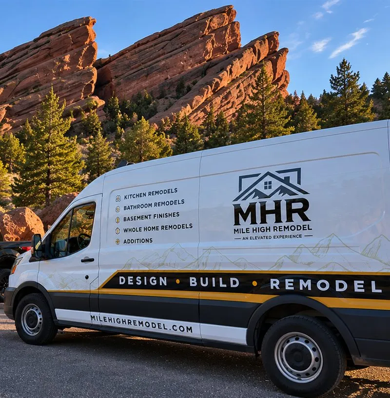 Mile High Remodel van parked at Red Rocks, Colorado