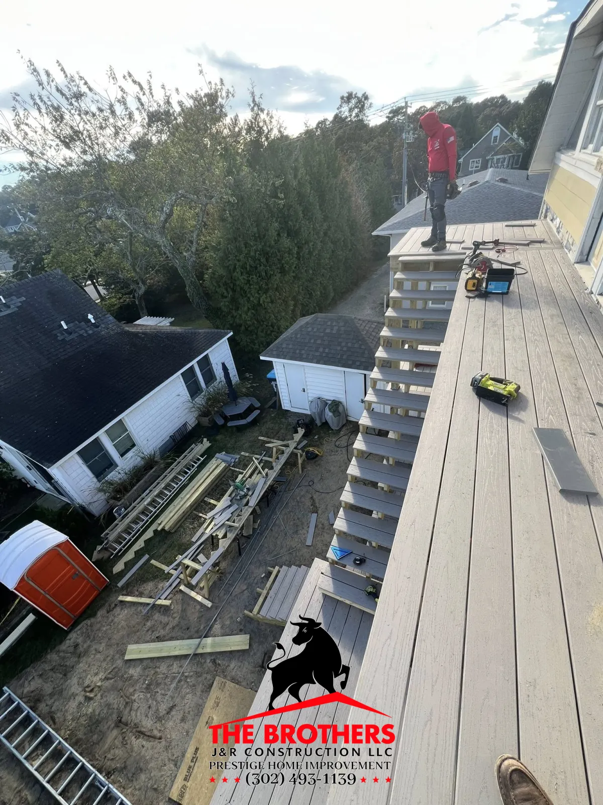 Roof deck construction in progress on residential home in Lewes Delaware