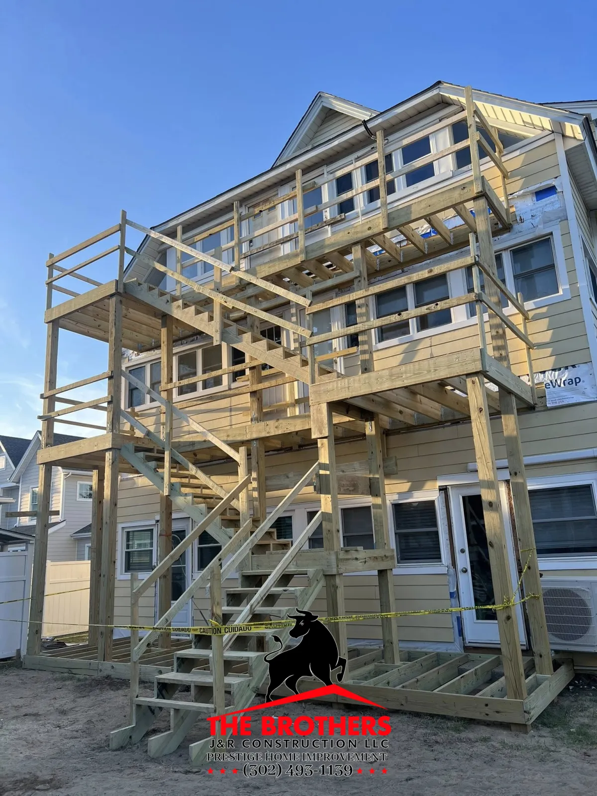 Full structural framing of elevated house under construction in Lewes Delaware