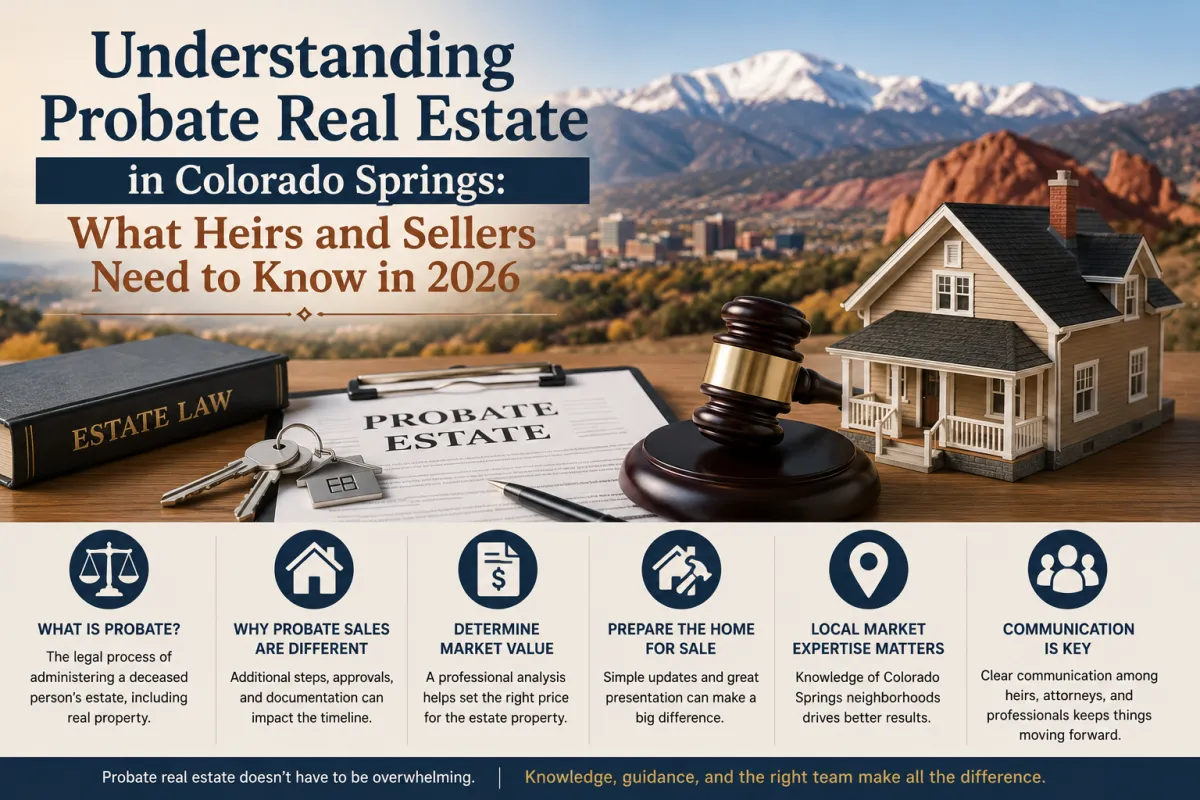 Probate real estate guide illustrating the process of selling an inherited home in Colorado Springs, Colorado, with legal documents and a residential property.