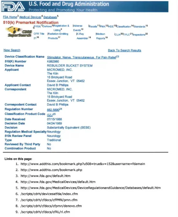 FDA Clearance FDA Registered ReBuilder® Medical Device for Nerve Pain