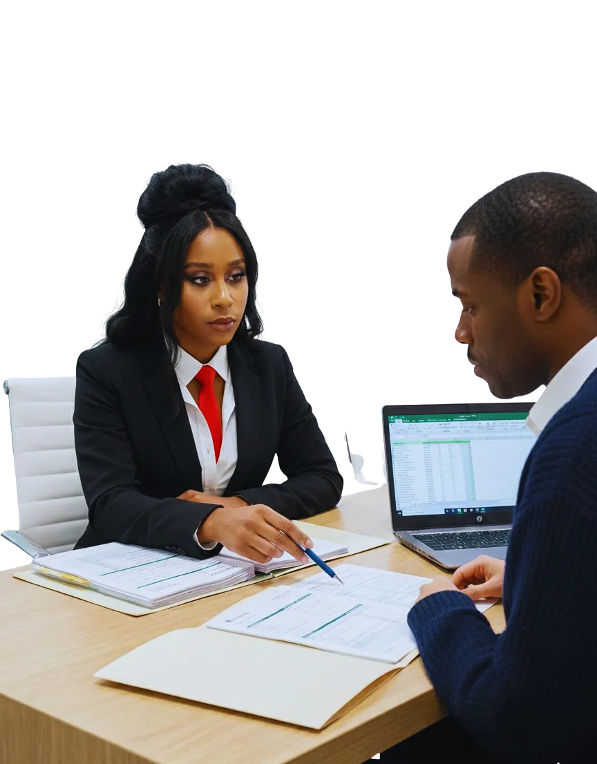 A diverse team of three tax professionals—two women and one man—stand together in a bright, modern office. They wear business attire and smile confidently, exuding professionalism and approachability. The background features subtle blue branding elements, reinforcing the firm's identity and welcoming atmosphere.