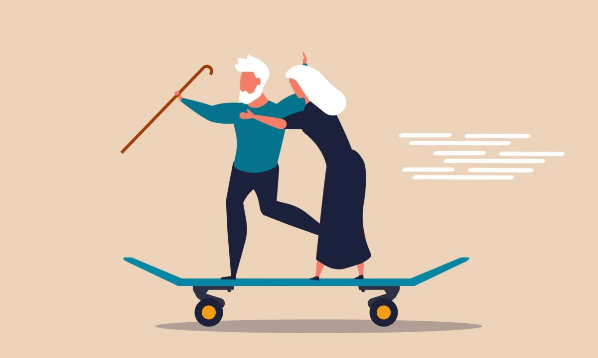 Cartoon elderly couple skateboarding.