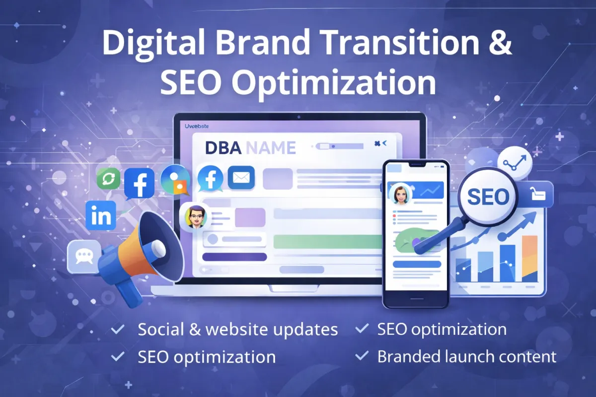 A vibrant digital illustration of a diverse team of business professionals collaborating around a large touchscreen displaying brand assets, with abstract digital elements and cityscape in the background, symbolizing modern brand transformation.