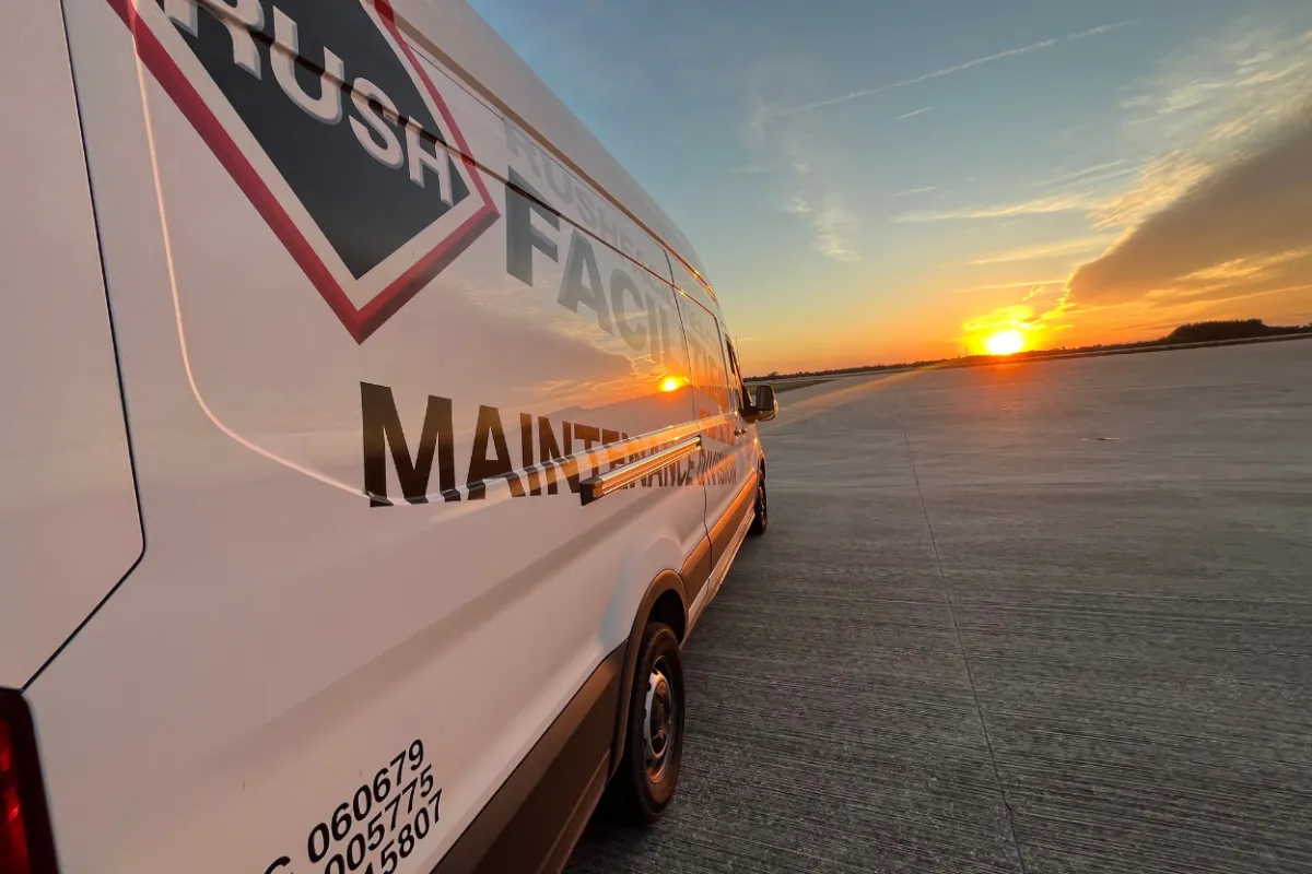 RUSH Facilities van overlooking a sunset