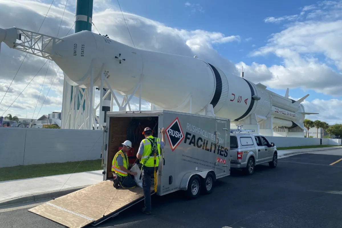 NASA Visitors Space Center Rocket corrosion mitigation and tie down maintenance crew