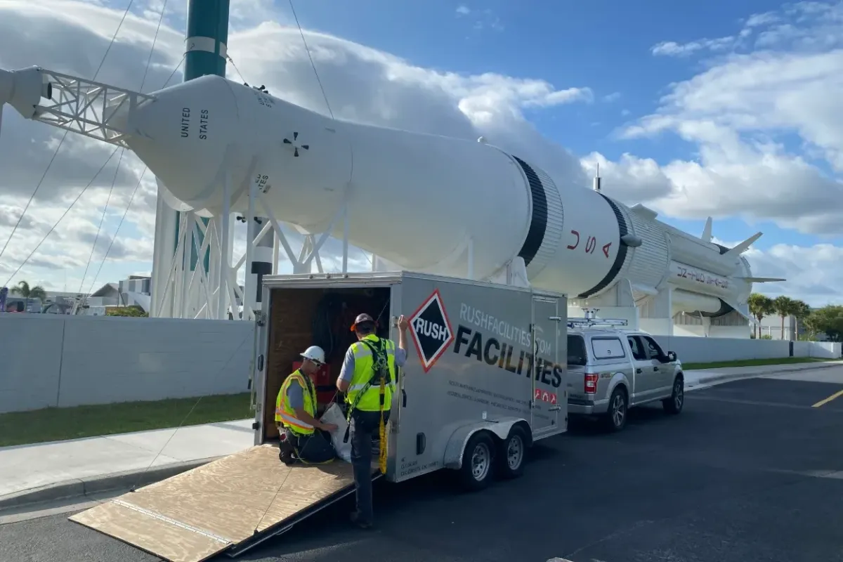 NASA Visitors Space Center Rocket corrosion mitigation and tie down maintenance crew