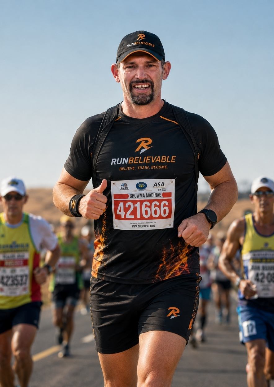 Coach Charl running long distance. 400m, 800m, 1500m 3000m, half marahons, marathons and Comades