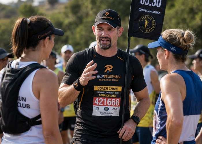 Charl as an official comrades pacer.  Helping runners stay focused, push through doubt and chief their goals