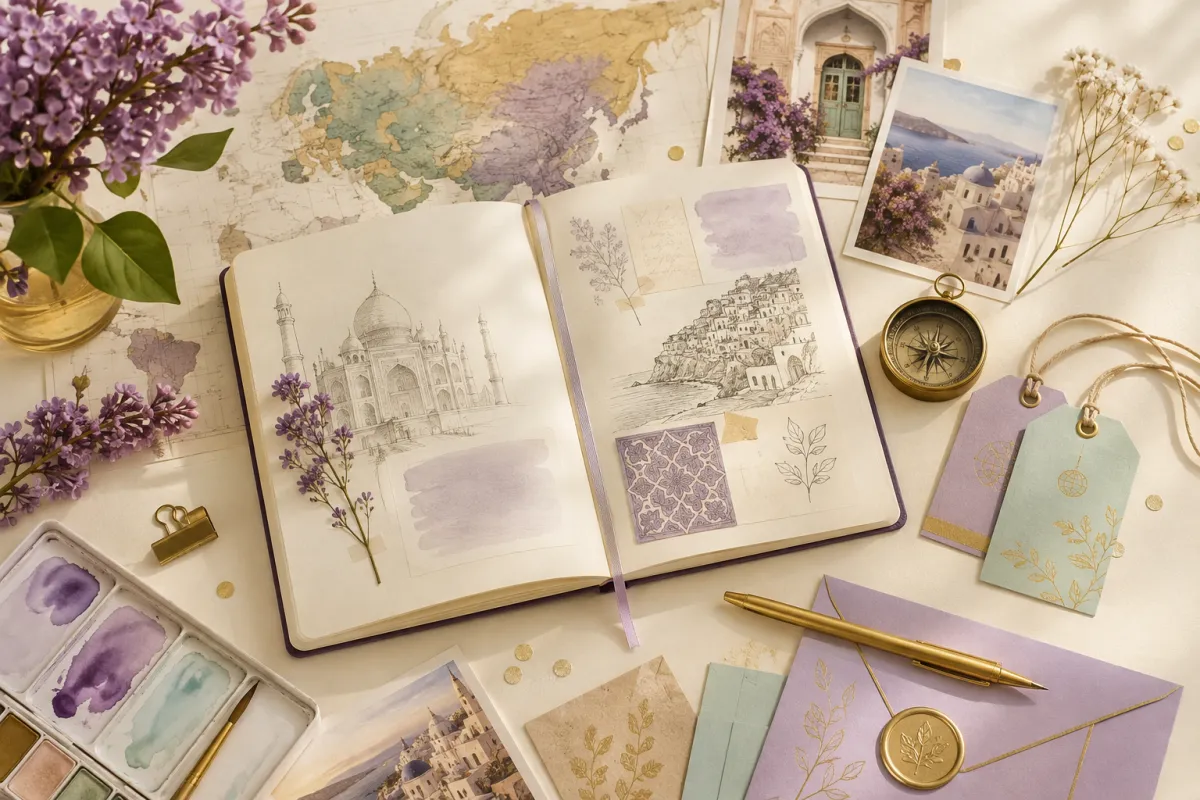 Travel-inspired journal with world maps, destination sketches, lilac and mint stationery, and elegant gold details