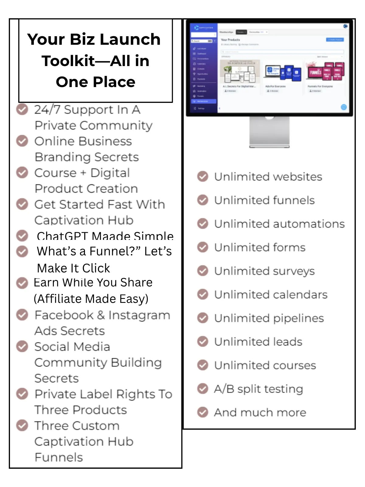 GiraffeRichMomma™ — Visual overview of the Biz Launch Toolkit, showing all-in-one tools for building an online business.