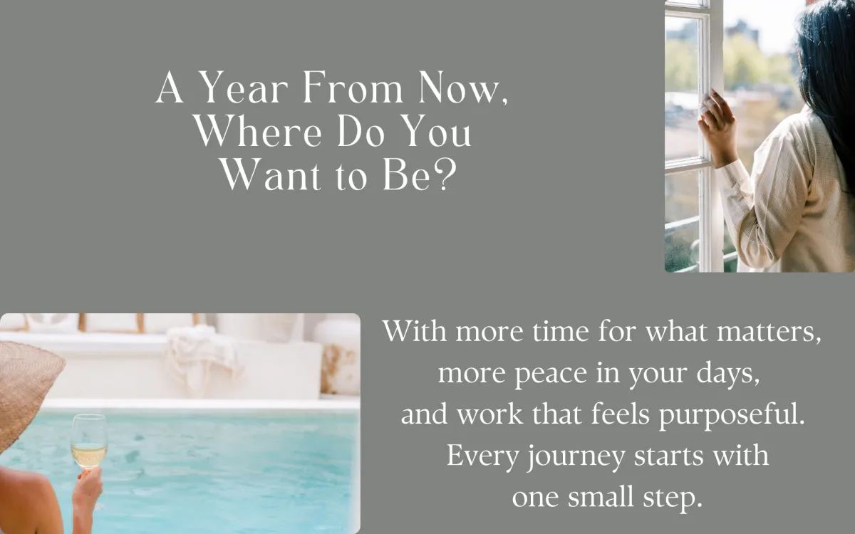 Images of a woman pausing to reflect and enjoying rest by a pool, symbolizing clarity, balance, and a flexible approach to life and work