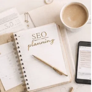 Notebook labeled SEO planning with laptop and coffee showing content planning process