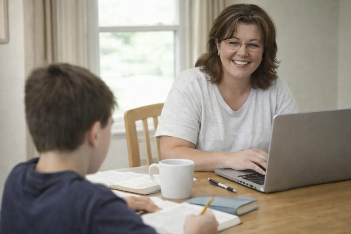 Homeschooling mom working on a laptop while teaching her child at the kitchen table