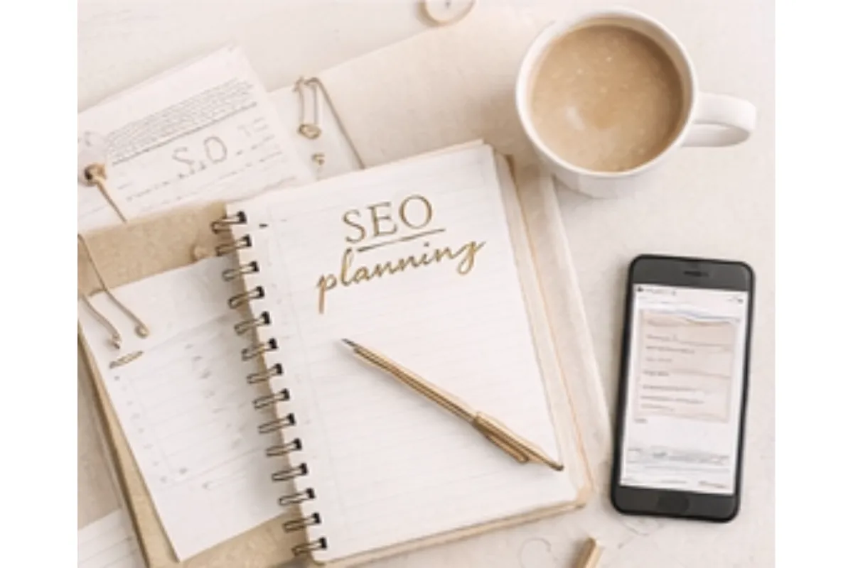 Notebook labeled SEO planning with laptop and coffee showing content planning process