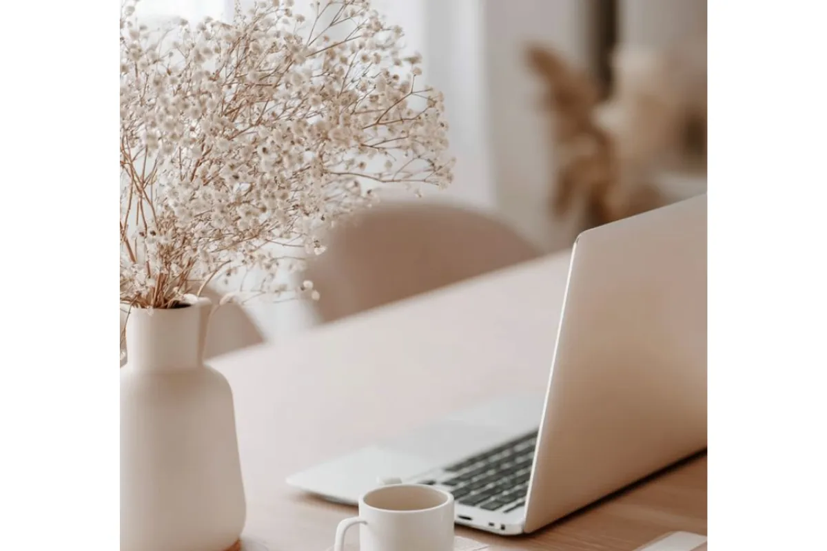 Minimal desk workspace with laptop and plant representing AI content creation tools