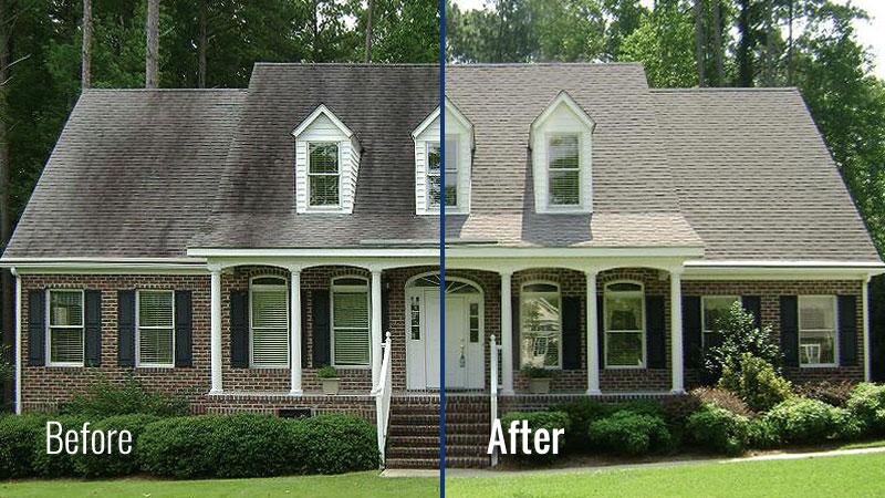 A before and after of roof cleaning in surrey BC. The roof underwent moss removal, soft washing, and gutter cleaning