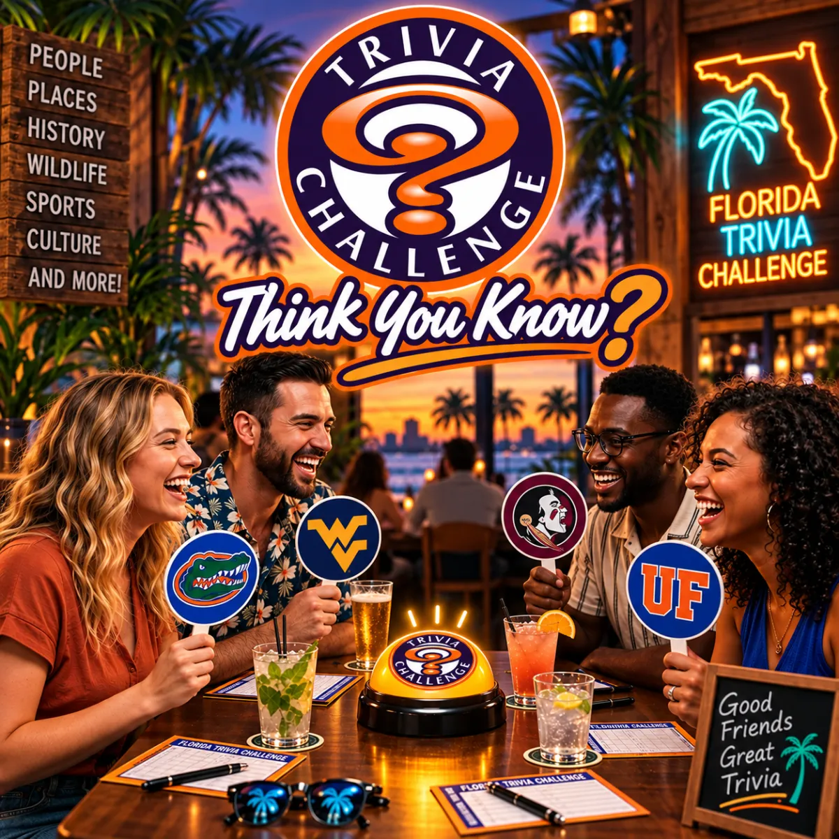 Stylized Florida sunset social trivia night with playful neon elements and friendly players