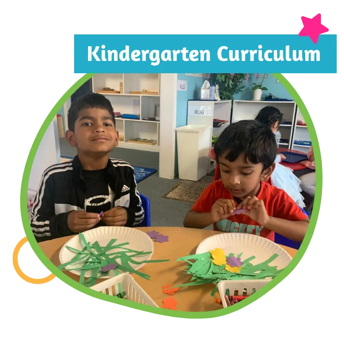 Keen Learners Montessori kindergarten children completing a creative classroom project in Fremont CA
