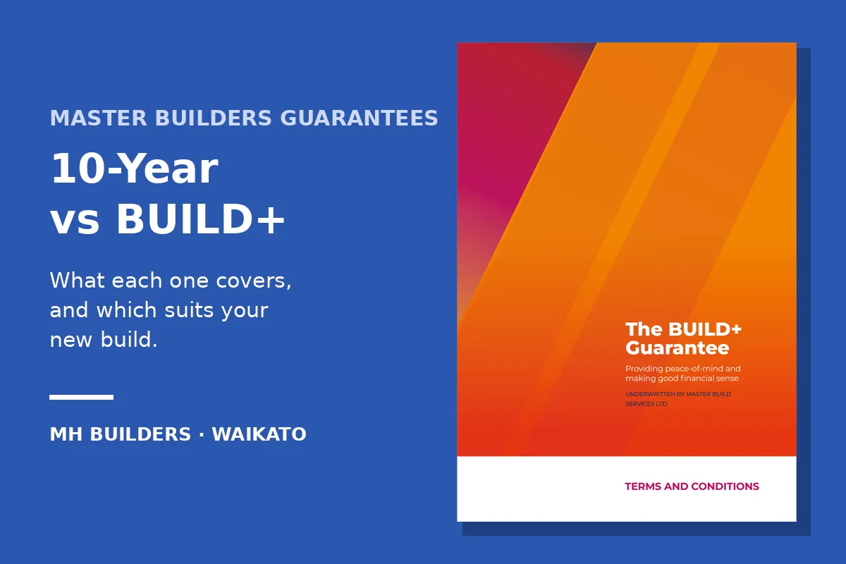 Cover graphic for MH Builders’ guide comparing the Master Build 10-Year Guarantee and the BUILD+ Guarantee