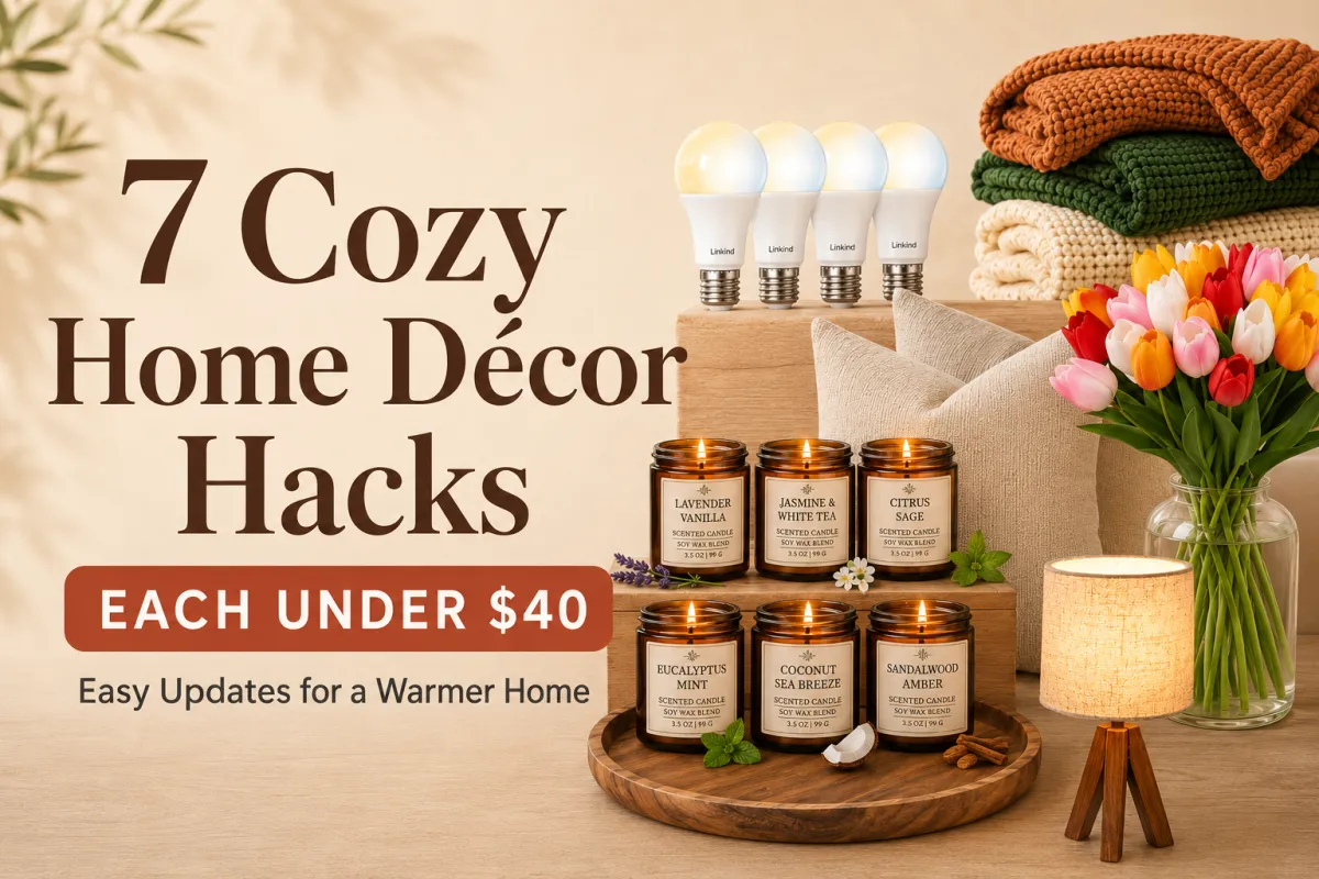 Cozy living room corner featuring warm lighting, a soft throw blanket, candlelight, flowers, and simple décor accents. Budget-friendly home decorating ideas under $25 that add warmth, texture, and comfort without expensive furniture.