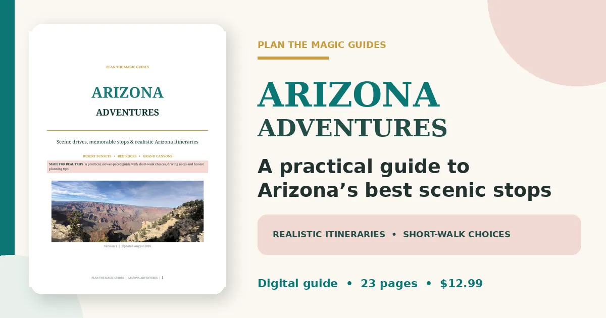 Arizona Adventures digital travel guide displayed beside the title A Practical Guide to Arizona’s Best Scenic Stops.