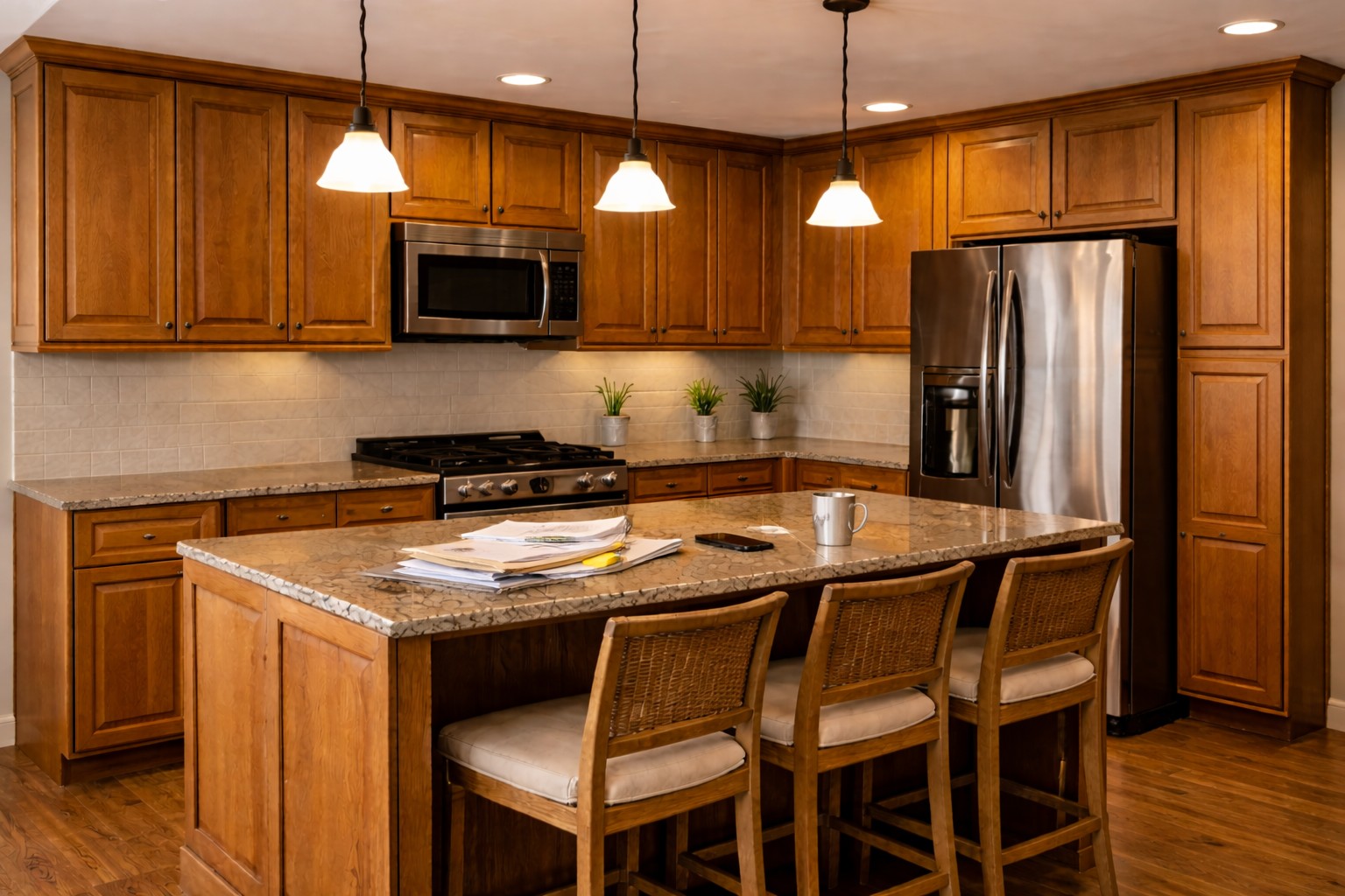Outdated kitchen with dark oak cabinets, worn cabinet doors, granite island, and cluttered countertops before cabinet refacing.