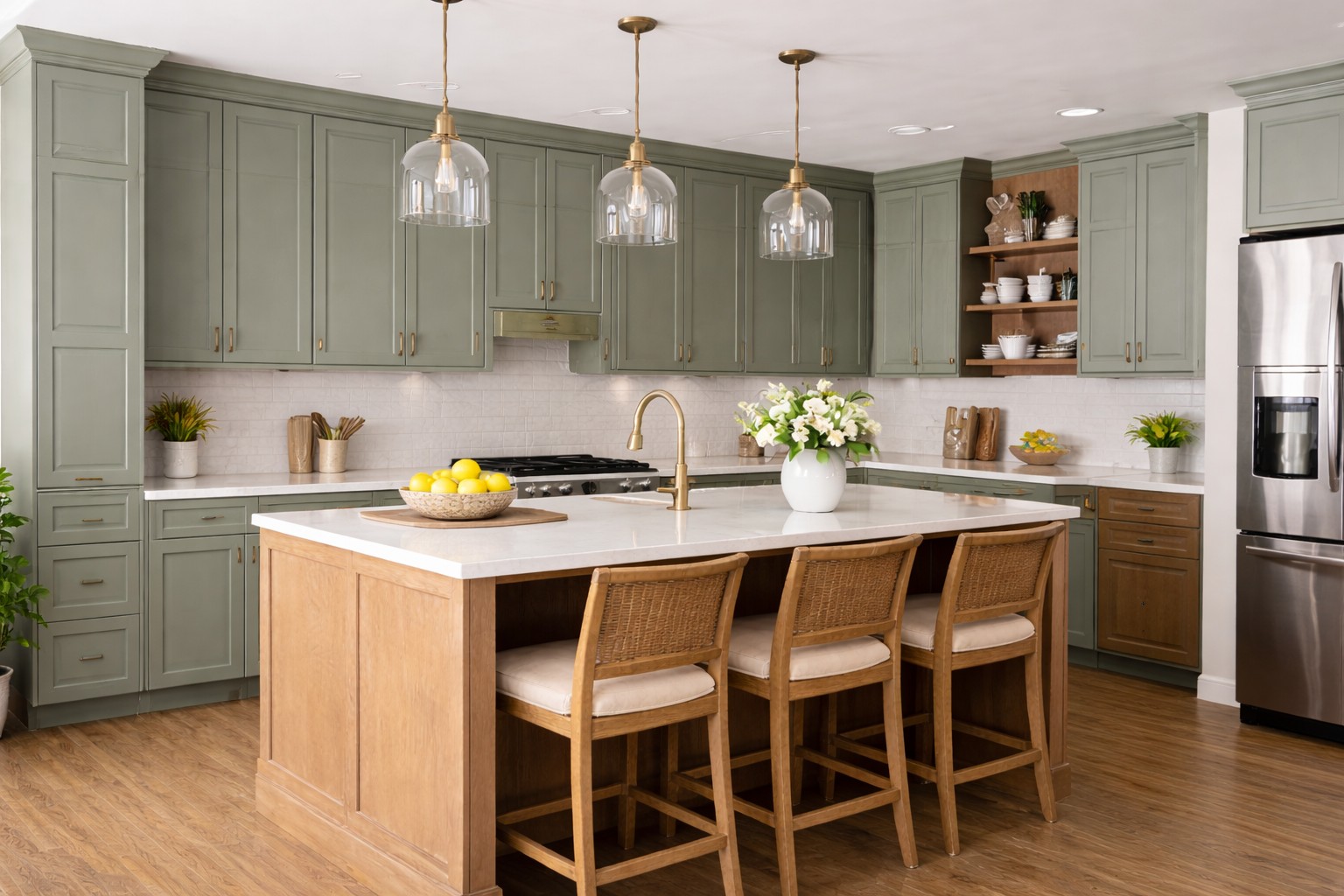 Kitchen cabinet refacing with new cabinet doors and modern hardware