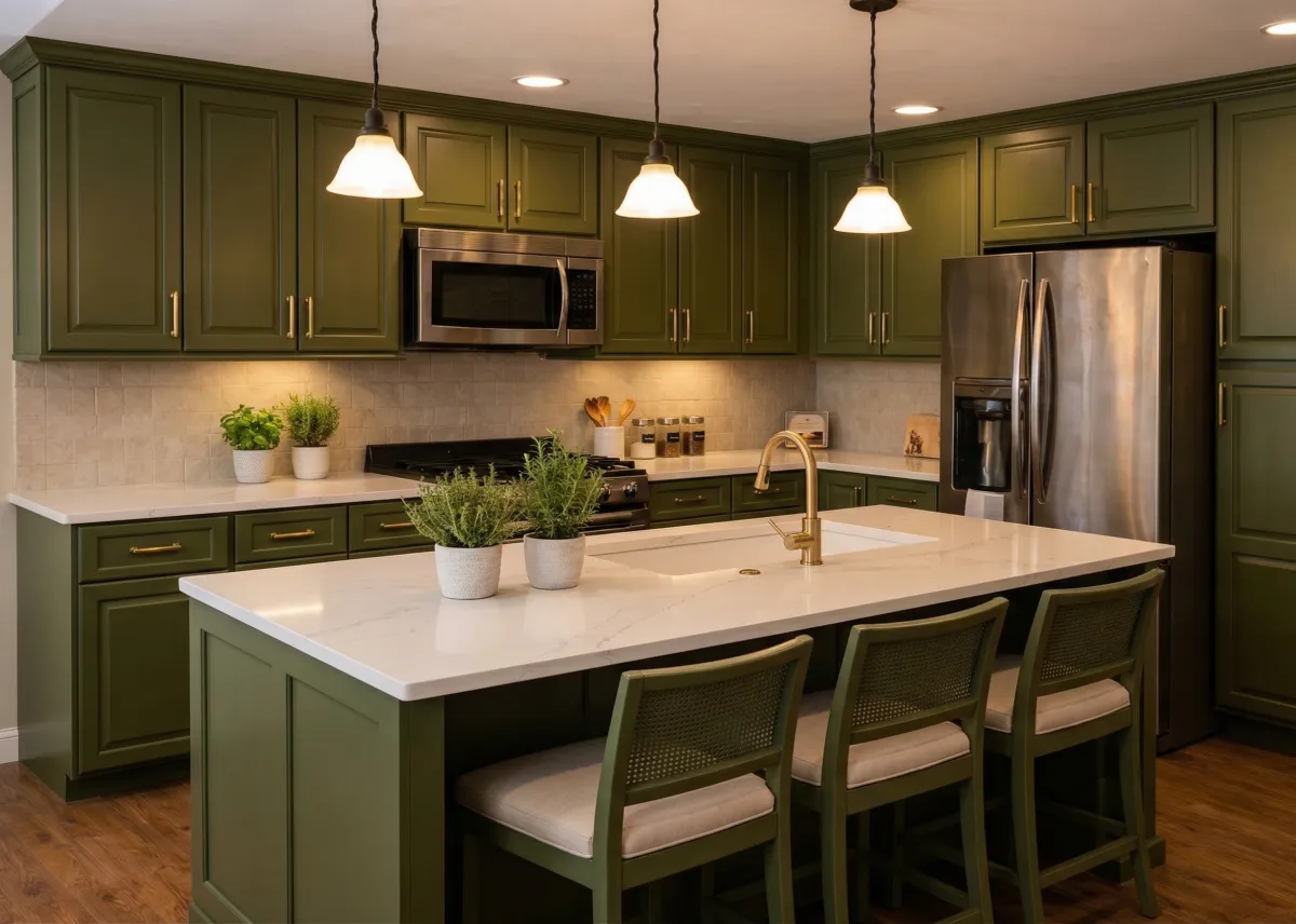 Modern kitchen after cabinet refacing with sage green cabinets, brass hardware, quartz countertops, and a large island.