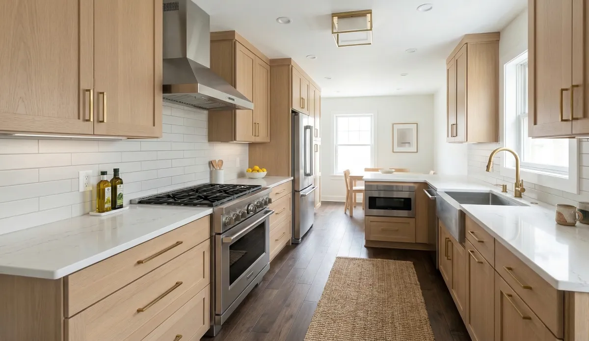 Modern galley kitchen with light white oak shaker cabinets, white quartz countertops, gold hardware and faucet, and a large stainless steel range.
